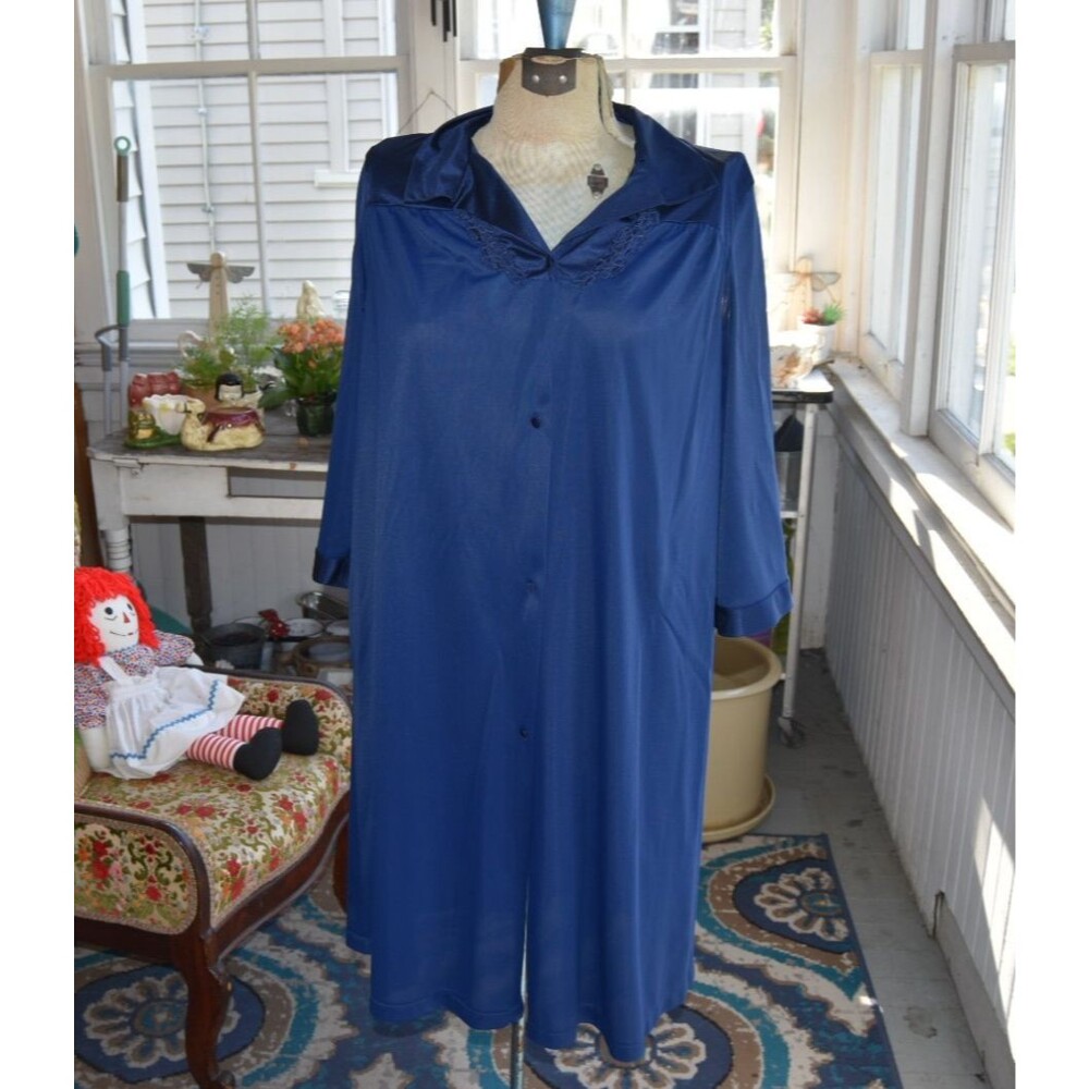 Vintage Navy Vanity Fair Lingerie Dressing Gown Robe USA Women's Nylon Medium